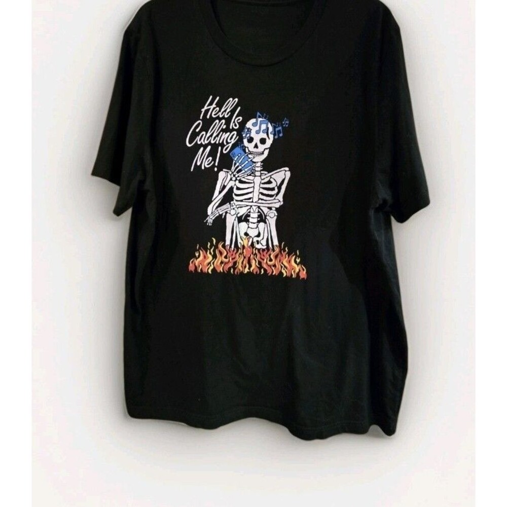 Hell Is Calling Me Skeleton Flames Graphic T-Shirt Black 2X Halloween NWOT